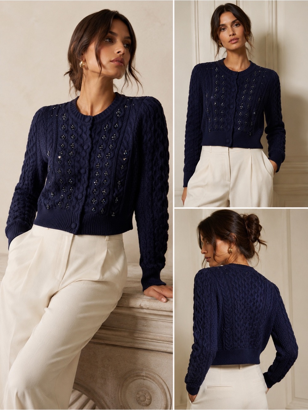 Caroline Constas Navy Cable Knit Embellished Cardigan Sweater Wool Blend M
